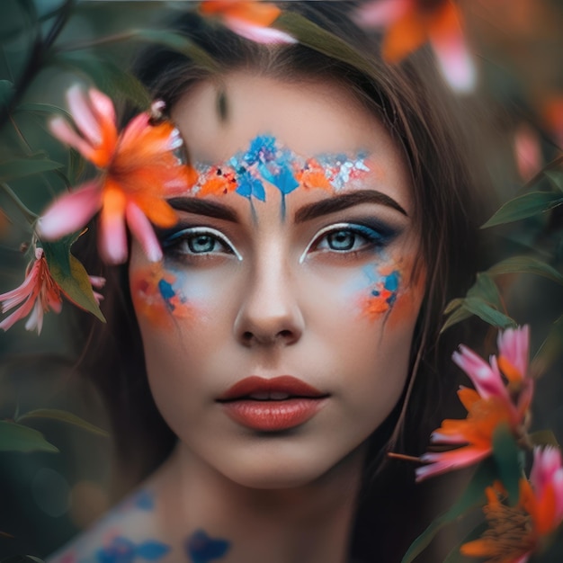 Sensual woman with body art and colored eyes and lips butterflies and flowers Generative AI