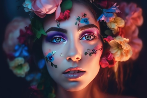 Чувственная женщина с боди-артом и цветными глазами и губами, бабочками и цветами, генеративным ай