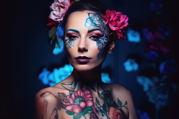 Sensual woman with body art and colored eyes and lips flowers Generative AI