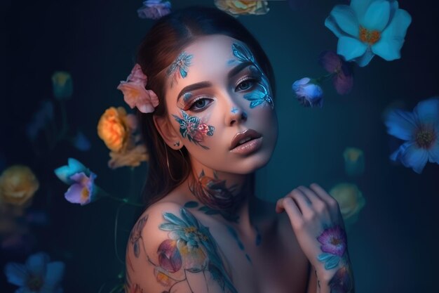 Sensuele vrouw met body art en gekleurde ogen en lippen bloeit generatieve ai