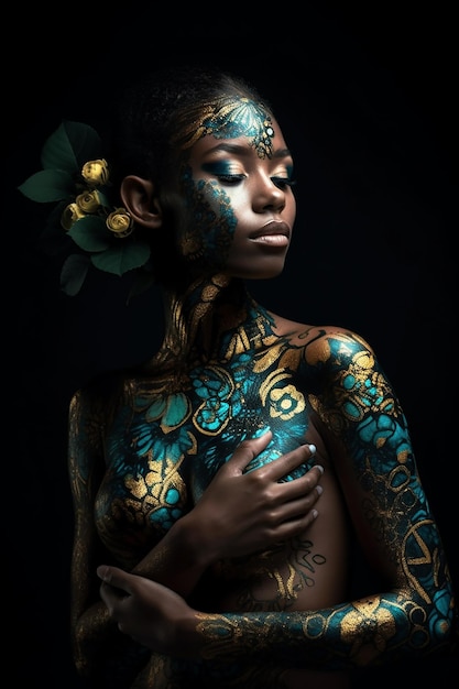 Sensuele zwarte vrouw poseren met abstract geschilderd op haar lichaam Generatieve AI