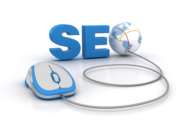 Seo 3d word with globe world and computer mouse