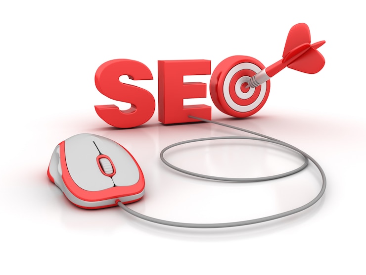 Photo seo 3d word with target and computer mouse
