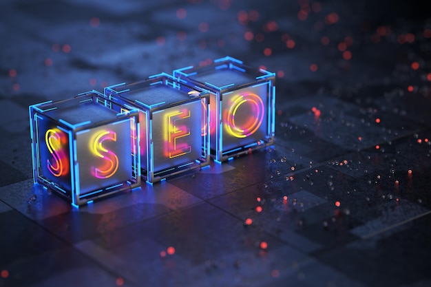 Concetto di seo iscrizione seo su cubi di tecnologia rendering 3d