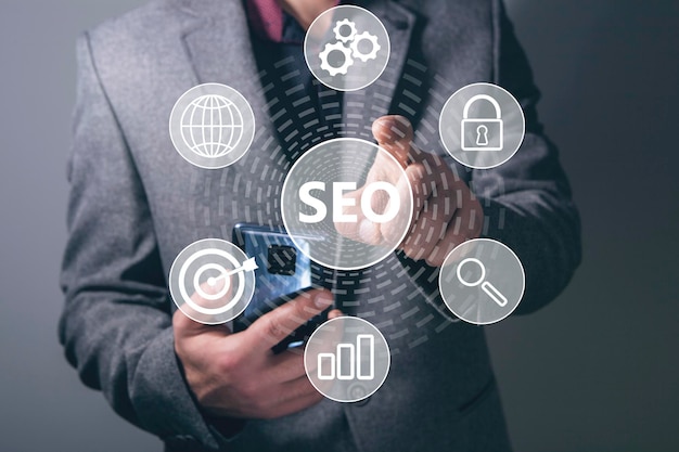 SEO and icons on virtual screen