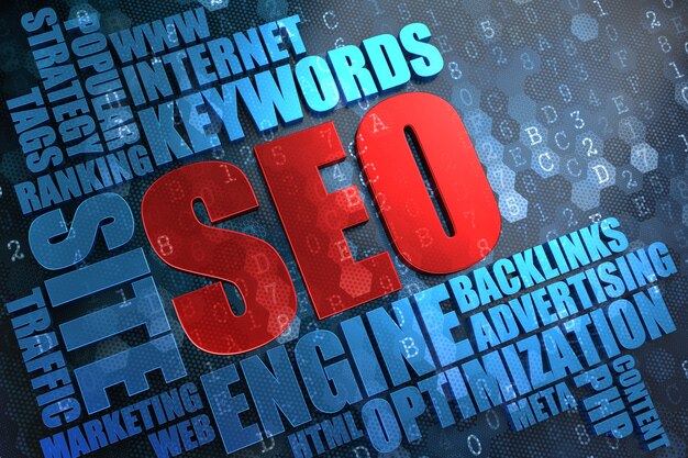 SEO - Red Main Word with Blue Wordcloud on Digital Background.