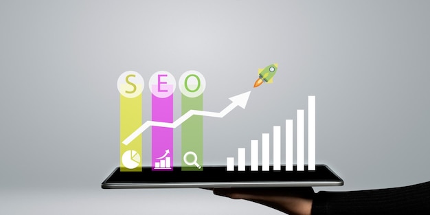 Photo seo search engine optimization concept with growth graph and icons