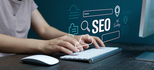 seo search engine optimization man touching search bar on virtual screen searching browsing internet