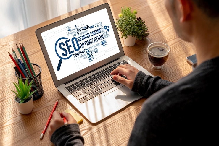 Photo seo search engine optimization for modish ecommerce and online retail business showing on computer screen