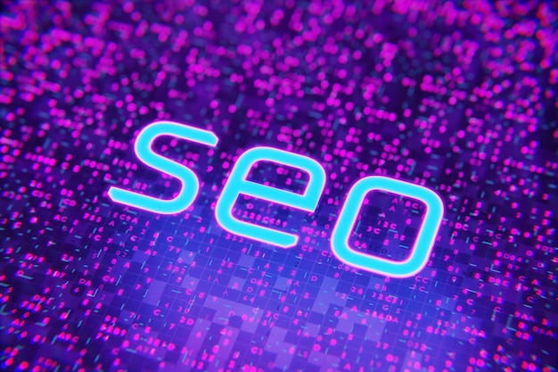 SEO search engine optimization in pink The inscription SEO search engine optimization on a digital background 3d render