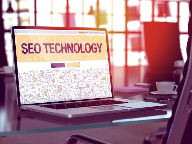 SEO technologie Concept close-up bestemmingspagina op laptop scherm in Doodle ontwerpstijl op achtergrond van comfortabele werkplek in moderne kantoor wazig getinte afbeelding 3D Render