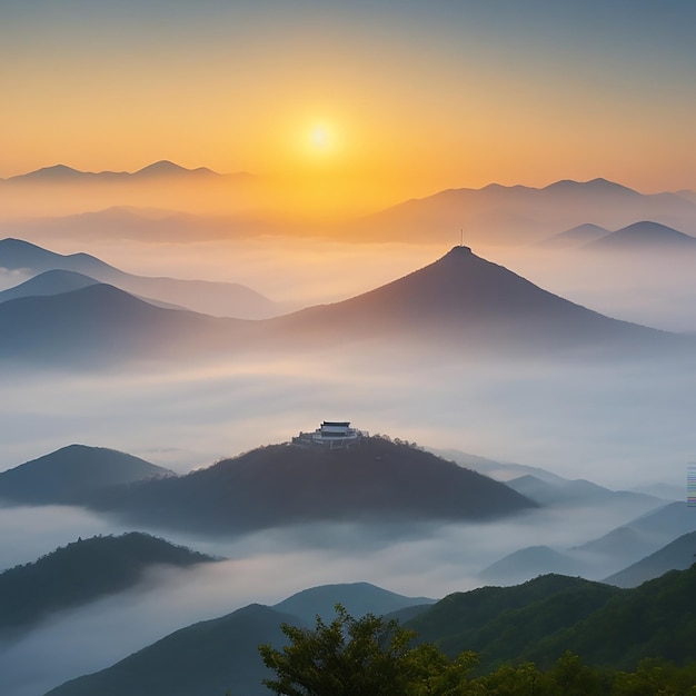 Photo seoraksan mountains is covered by morning fog generated by ai