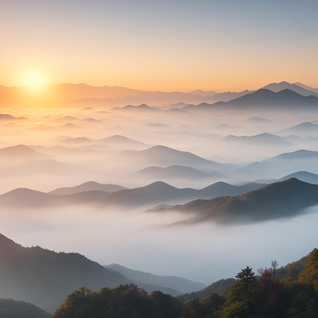 Photo seoraksan mountains is covered by morning fog generated by ai