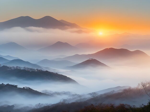 Горы Сораксан покрыты утренним туманом и восходом солнца в Сеуле, Корея Сгенерировано AI