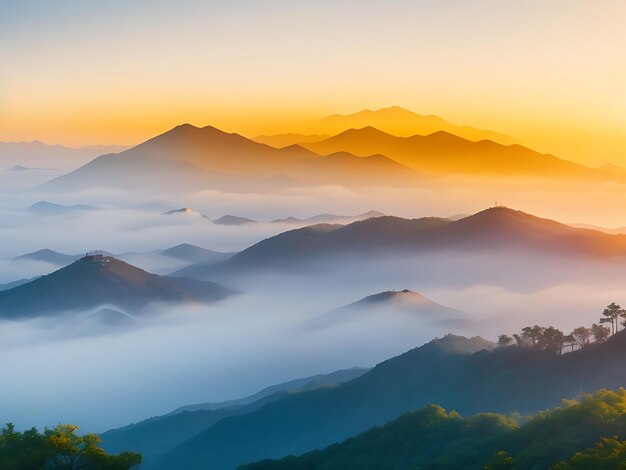 Seoraksan mountains is covered by morning fog and sunrise in seoul korea AI Generated