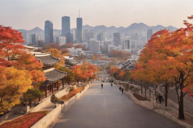Фото Город сеул в осенний сезон в сеуле, южная корея