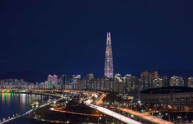 Seoul City 's nachts en han rivier Zuid-Korea