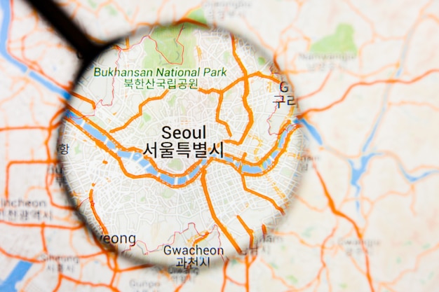 Seoul, Zuid-Korea stad visualisatie illustratief concept op het beeldscherm door vergrootglas