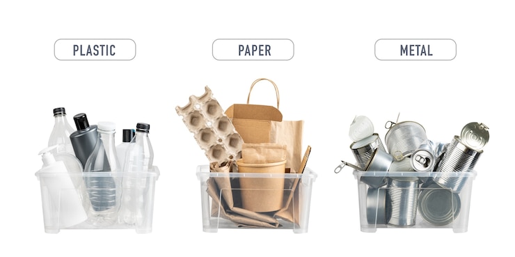 Photo 廃棄物リサイクルの概念のための個別のごみ収集。プラスチック、紙、金属