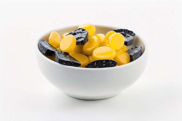 Separated from their white background a bowl of traditional yellow hard candies