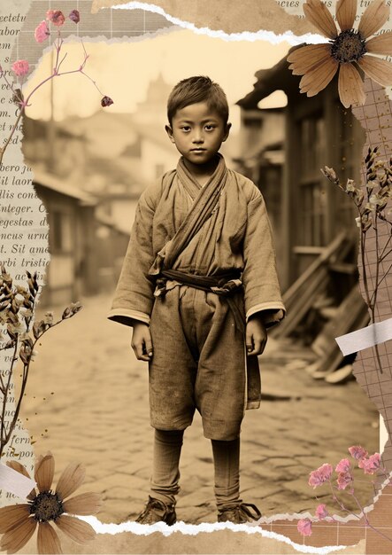 Sepia foto van een Japanse jongen uit de jaren dertig