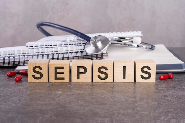 Sepsis-tekst bestaat uit houten blokken die op een grijze tafel staan. Op de achtergrond is een stapel papieren notitieboekjes om te schrijven en tablets medisch concept grijze achtergrond