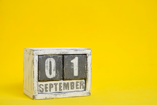 September 01 wooden calendar standing yellow background with an empty space for textknowledge day