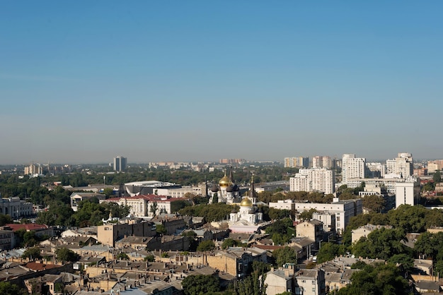 September 10 2021 Odessa Ukraine Aerial view of the city of Odessa roofs domes of the cathedral infrastructure