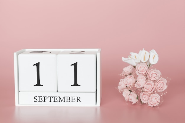 September 11th. Day 11 of month. Calendar cube on modern pink background, concept of bussines and an importent event.