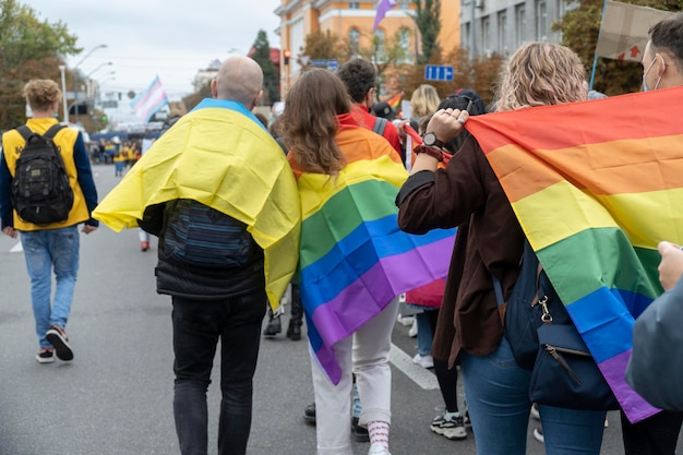 September 19, 2021, Kyiv, Ukraine. People on the march of pride with bright rainbow symbols