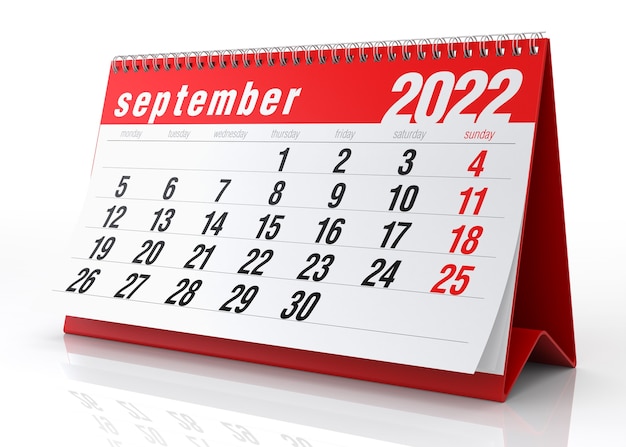 September 2022 Calendar. Isolated on White Background. 3D Illustration