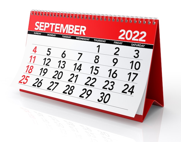 September 2022 Calendar. Isolated on White Background. 3D Illustration