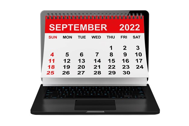 Calendario di settembre 2022 sul rendering 3d dello schermo del laptop