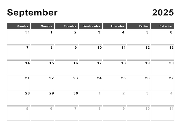 Photo september 2025 calendar week start sunday