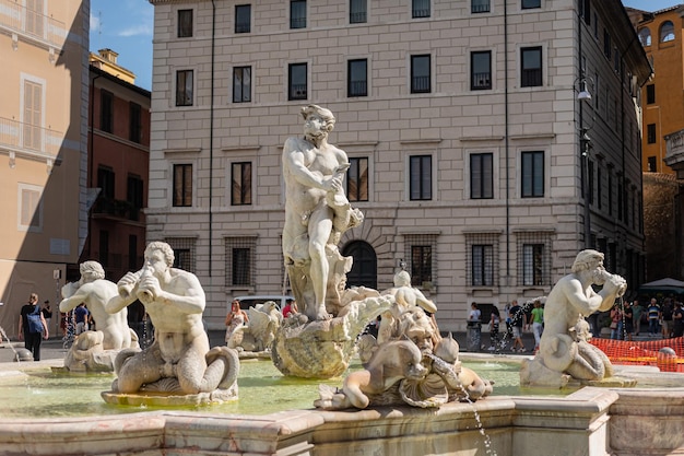 September 4 2022 Rome Italy Fountain of the Moor marble fountain of the 16th century with sculptures of a dolphin and mythical tritons