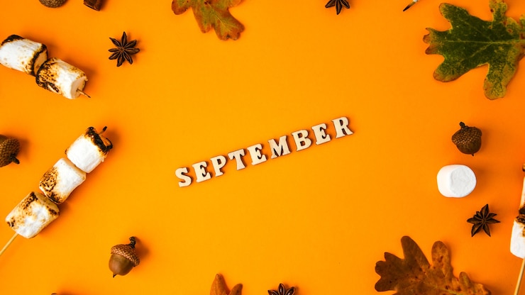 Foto september tekst. kaneel marshmallows bladeren en anijs op gele achtergrond. herfst samenstelling. patroon gemaakt van herfst dingen. plat leggen. ornament voor dankzegging. herfst frame met kopie ruimte.