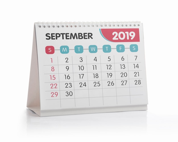 September White Office Calendar 2019 Isolated on White