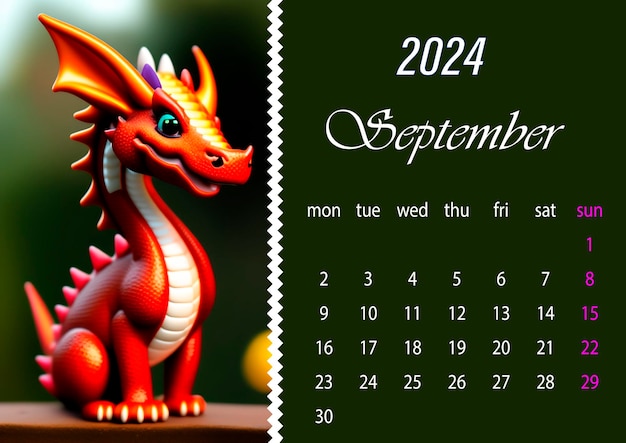Foto septemberdragonsemplice calendario vettoriale europeo 2024 anni