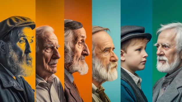 Photo sequence of portraits from young boy to elderly men diverse backgrounds