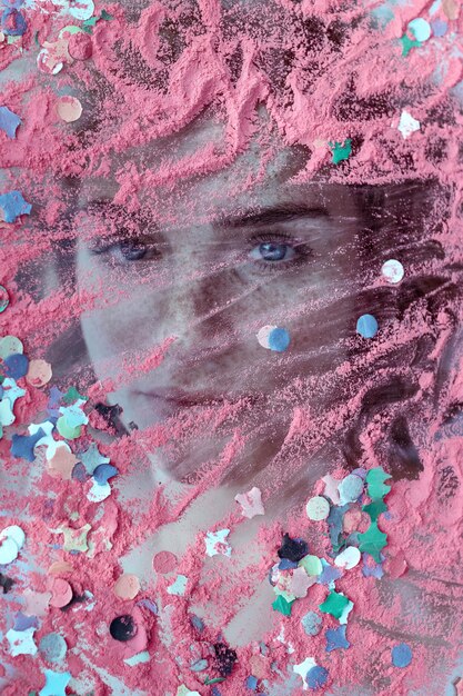 Photo sequin and pink powder paint on photograph of woman