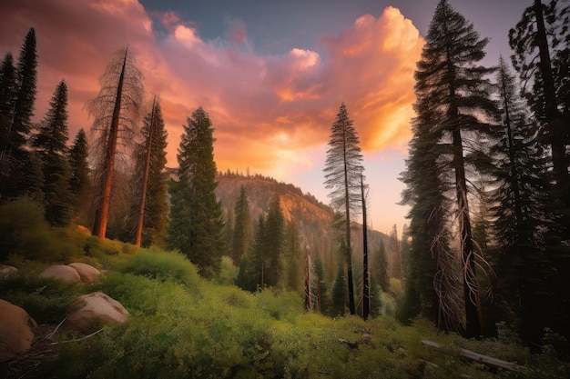 Sequoia forest at sunset with colorful sky and clouds
