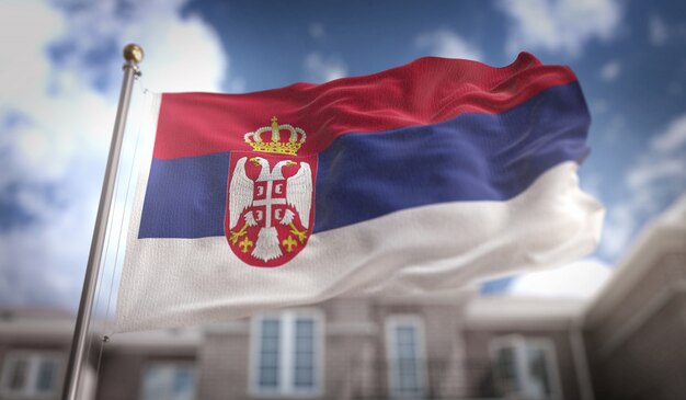 Serbia Flag 3D Rendering on Blue Sky Building Background 