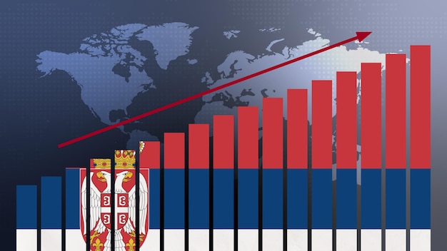 Serbia flag on bar chart concept with increasing values economic recovery and business improving after crisis and other catastrophe as economy and businesses reopen again