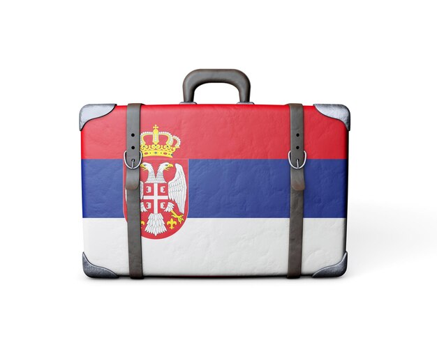 Serbia flag on a vintage leather suitcase 3D Rendering