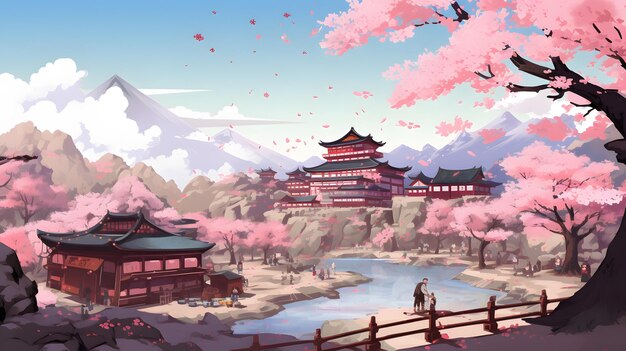 Sereen Japans landschap met pagode en rivier Boeiend schilderij in anime-stijl gegenereerd door AI