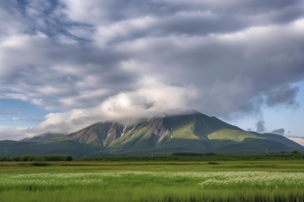 Sereen landschap met bergen op de achtergrond omgeven door wolken gemaakt met generatieve AI