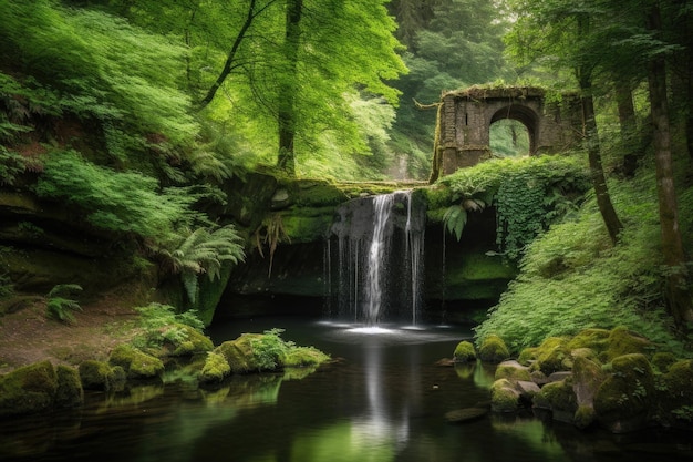 Sereen landschap met een waterval omringd door groen gecreëerd met generatieve ai