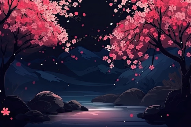 Sereen nachtlandschap met roze bloemen en rotsachtig terrein Generatieve AI