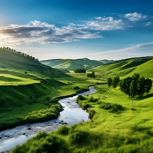 Sereen plattelandslandschap met glooiende groene heuvels en een kronkelende rivier