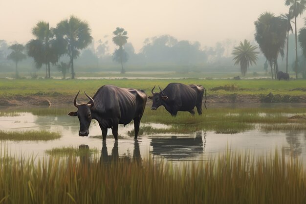 Sereen rijstveld met waterbuffels koesterend in modder Generatieve AI